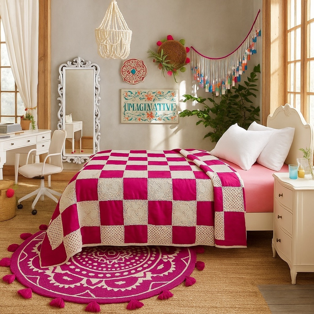 Vintage Handmade Crochet Quilt – Fuchsia & White – 68”x85”